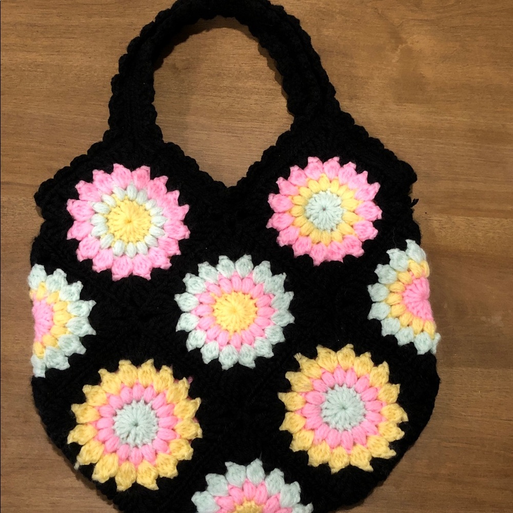 Hand Crafted Black Crochet Tote with Pink, Yellow & Cream Floral Circles